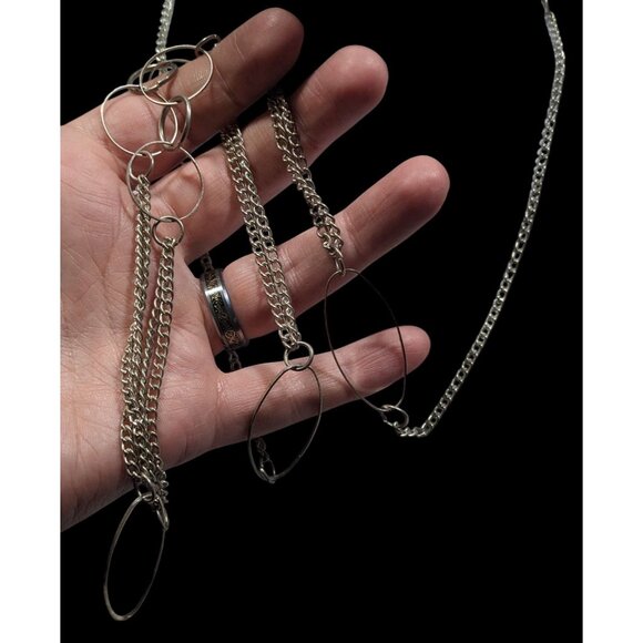 Open Link Silver Tone Layered Chain Necklace - Picture 5 of 7